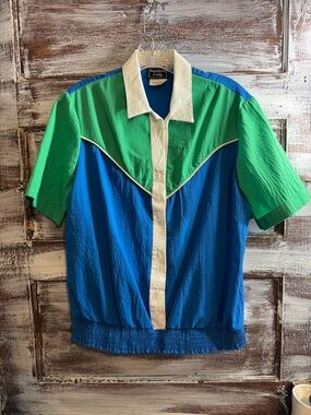 Southern Lady Blue, Green and Cream Short Sleeve Colorblock Blouse